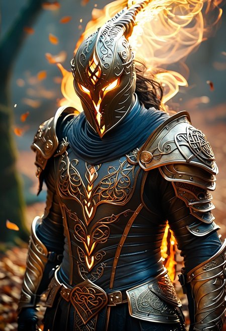 realistic, photorealistic, A breathtaking cinematic wide shot, low angle shot of three fierce warriors, their glowing amber eyes burning with an untamed fire beneath an intricately carved obsidian battle helmet, adorned with swirling, celtic engravings that glisten under the golden twilight.  The armor they wear is a masterpiece of darkened steel, each plate adorned with elaborate engravings that resemble the twisting roots of an enchanted forest, embeded with rubis inlays, reflecting the fading sunlight in hues of deep bronze and gold. Their leather-clad gauntlet, wrapped in fine, interwoven scales, they maintain an unyielding gaze, exuding an aura of calculated dominance. The background is a blurred, ethereal forest bathed in warm, dappled light, the last remnants of sunlight streaming through tangled branches, casting glowing orange reflections across her imposing form. One of them hold a long lance on which a driffting banner scarlet and gold is floating fiercely in the wind,   Autumn leaves drift gently, caught in the slow-motion breeze, swirling around her like omens of a prophecy unfolding. Hyper-realistic textures emphasize every micro-detail, from the metallic etchings on their helmets to the intricate patterns embossed upon her armor, creating an otherworldly yet immersive fantasy composition that radiates power, mysticism, and an unbreakable will.