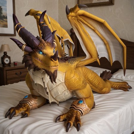 score_9, score_8_up, score_7_up, score_6_up, score_5_up, score_4_up, masterpiece, high quality, realistic, detailed, best quality, white bed, solo, rating_safe, source_furry, bedroom, smiling, seductive pose, lying on belly, looking at viewer, on bed, full body, nozdormu_wc, dragon, yellow scales, wings, horns, tail, tail end, claws, male, 1boy, blue sclera, black pupils, chest fins, feral