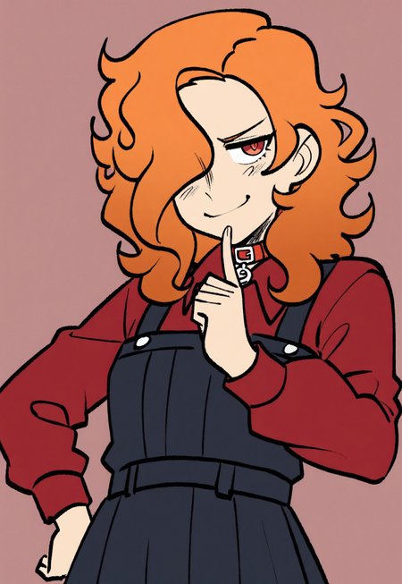 high resolution, solo, orange hair, medium hair, wavy hair, hair over one eye, red eyes, red shirt, collared shirt, dog collar, black denim dress, smug, finger to mouth, pleated skirt,
