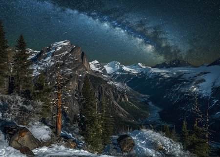 breathtaking landscape, (starry ht sky:1.19), irregular shattered luminous star clusters in sky, (stellar background:0.9), (high-resolution) (sharp details:0.85),} vast rocky mountainside, scenic landscape view,  (high quality:1.22) 
(Glacier-carved valleys), (tall pines), (sheer cliffs), (distant snow-capped peaks) (epic:1.17, (masterpiece:0.69), (RAW:1.11),(high resolution photograph:1.28),high definition,  <lora:sdxl\zy_Realism_Enhancer_v1.safetensors:0.85:0.18>  p3,s1
