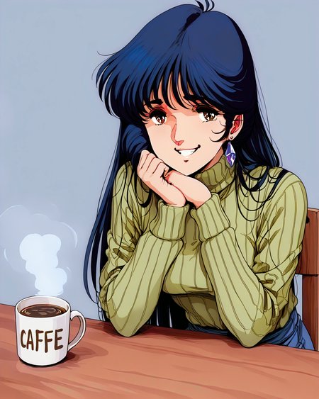 beautiful, <lora:illustrious_XL_minmei:1.23>, minmei, masterpiece, best quality, good quality, highly detailed, newest, huge filesize, 1girl, solo, green ribbed sweater, turtleneck sweater, (cafe:1.3), coffee mug, steam,  sitting, dark blue hair, brown eyes:1.5,  facing viewer, medium breasts,( retro artstyle,1980s \(style\), thick lines), smug, teeth,  (looking at viewer), long hair,  <lora:pony_good_hands:1>, good hands, good_hands,  blue background,  sitting, skirt, table, thick sweater, earrings, sign,