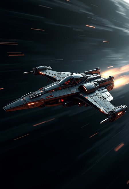 A digital artwork in the style of cknc, silhouette art, chiascuro, cyberpunk, a futuristic space fighter spaceship, adorned with intricate, metallic details, illuminated cockpit, flying rapidly through a dark space background with motion blur, viewed diagonally from the front, directional lighting, silhouetted, light hitting one side,