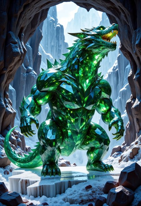 FluxEpicDragon, a crystalline bear made of cut green emeralds and blue diamond gemstones with subsurface scattering and light transmission, in a beastly stance, roaring with large fangs, monstrous and colossal, jagged gemstone fur, inside an icy cave