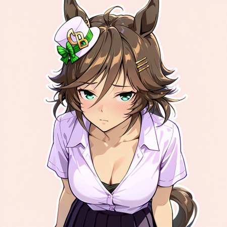 mr. c.b. \(umamusume\), 
 <lora:donburi_niku:1> d0nbr1_n1k, 1girl, solo,standing,looking at viewer, half-closed eyes, blush,black hair, short hair,white shirt, short sleeves, cleavage,black skirt,pink background, simple background,