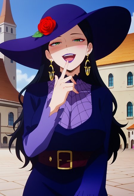 score_9, score_8_up, score_7_up, anime screencap, source_anime, 1girl, solo,
<lora:Deborah_Gorini_MHA_V1:.85>, KJOdeborah, black hair, green eyes, makeup, purple lips, long hair,
purple sun hat, red rose, earrings, purple dress, long sleeves, belt, 
hand over mouth, seductive smile, head tilt, laughing, open mouth, blush, 
town square, outdoors, cathedral, day, 
(Beautiful, large Breasts:1.2), mature female,