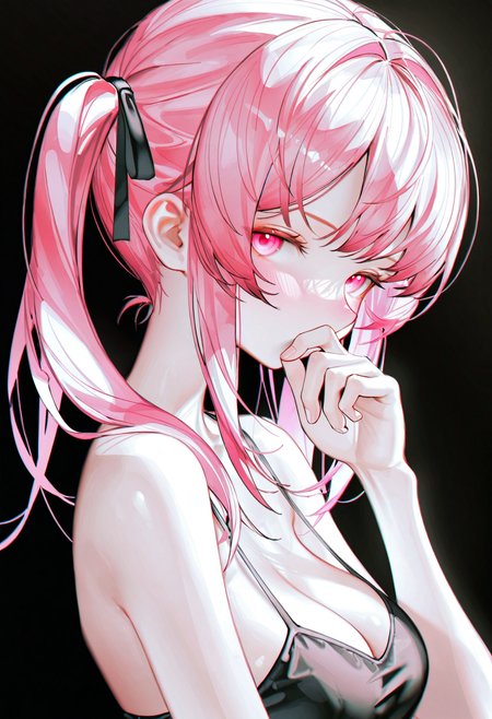 <lora:iumu_kam-illustriousXL_v01_V1-CAME-000035>, iumu_kam, 1girl, solo, breasts, pink hair, long hair, pink eyes, looking at viewer, black background, twintails, cleavage, covering own mouth, upper body, from side, simple background, hand over own mouth, sidelocks, hair ribbon, medium breasts, looking to the side, hand to own mouth, hand up, bare shoulders, ribbon, dress, covered mouth, blush, black dress, black camisole
