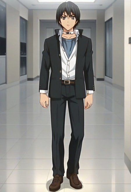 ((masterpiece)), ((best quality)), ((ultra-detailed)), score_9_up, score_8_up, score_7_up, HD, top quality, best quality, High-quality illustrations, anime screencap, perfect anatomy, 1boy, 1male, male anime character, anime boy, solo male, male focus, Keisuke Takatou,black hair,grey eyes,neck collar strap, handsome, attractive, cute, tall body, tall height, lean body, short black coat, tuck-in white polo shirt, belt, black pants, white mysterious room, serious expression, poker face, full body shot, head to feet shot