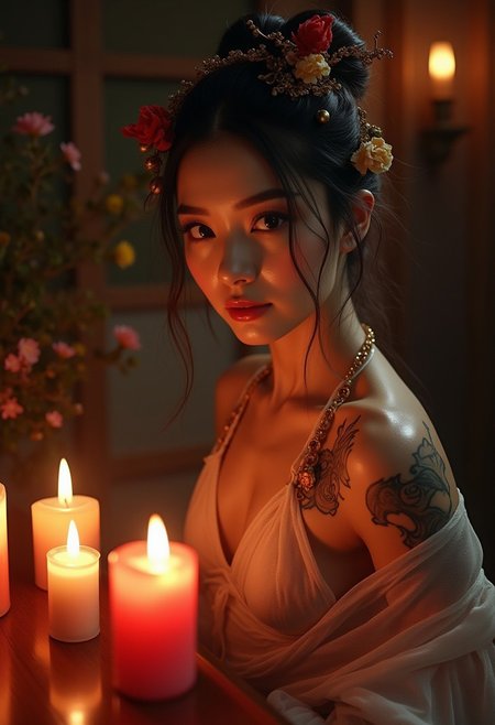 A photorealistic, ultra-realistic, A gorgeous seductive japanese dancer, exuding elegance and grace, adorned with delicate jewelry and traditional flowers in her hair. Her stunning beauty is enhanced by dynamic, fluid movements, creating a sensual and captivating atmosphere. The dancer’s intense emotions are expressed through her mesmerizing gaze and perfectly balanced composition. She wears a sexy version of traditional japanese dancer costume. her tattooed body glistening as candles softly illuminate her silhouette. Her blushing face is captured with intricate detail, reminiscent of Jean Baptiste Monge, Carne Griffiths, Jeremy Mann, and Seb McKinnon, all in a sophisticated Vogue-style aesthetic
