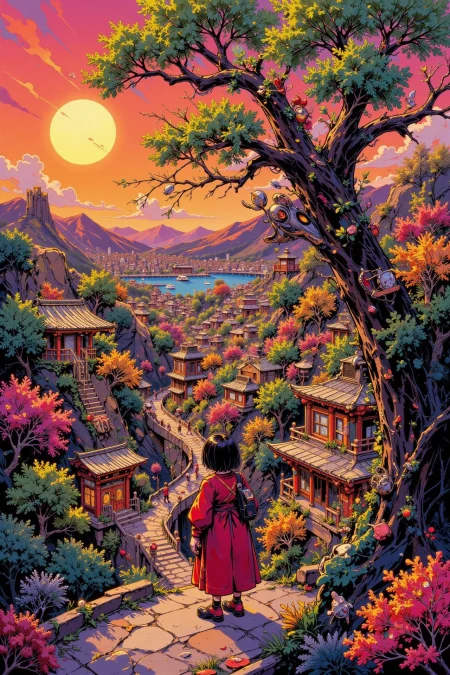 japanese city beautiful  landscape, golden hour, woman, very intricate, very detailed, sharp, bright, colorful, <lora:Hand v2:0.5> <lora:Anti-Blur:1><lora:Insane Detail Slider:0.25>  <lora:flux.1_lora_flyway_Epic-detail_v2:0.3><lora:fluxenhancer:0.3> <lora:neon-graffiti-punk-flux:1> mad-grfftpnk