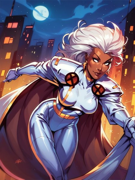score_9, score_8_up, score_7_up, 1girl, leaning forward, sexy pose, cowboy shot, (dynamic pose:1.1), dynamic angle, light smile, v, city, night, moon,
 <lora:Storm80s_Character:1>, StormClassic, makeup, dark skin, white hair, white eyes, bodysuit, cape, earrings, gloves,