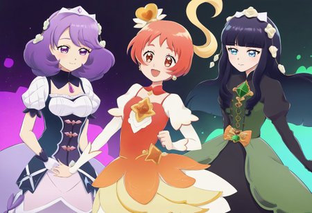 score_9, score_8_up, score_7_up, 
source_anime, deep colors, 
high quality, high resolution, detailed, highres, highly detailed, intricate details, beautiful eyes,
BREAK
multiple girl, (magical girls:1.3), (magical girl:1.3), 3 girls, 3girls, 
genshinstyle, Genshin Impact Style,
(magical girl outfit:1.2), steampunk dress, 
intricate detailed dress, ornate decorated dress,
Chinese dress, ballerina dress, evening dress,
red hair, pink hair, orange hair, yellow hair, green hair, cyan hair, blue hair, purple hair, violet hair, black hair, 
red dress, pink dress, orange dress, yellow dress, green dress, cyan dress, blue dress, purple dress, violet dress, black dress,
