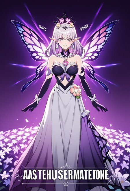 CastoriceHSR, 1girl, solo, long hair, light purple hair, hair flowers, hair ornament, purple eyes, pointy ears, earrings, lips, bangs, black tiara, collar, cleavage, large breast, dress ornament, asymmetrical clothes, flower ornament, backless dress, bare shoulders, strapless dress, elbow black gloves, mismatched gloves, pantyhose, shoes, butterflies, jewelry, petals, ribbon, collarbone, weapon, scythe,
seductive pose, sexy pose, tease,  in the spotlight,,
smile,   jojo reference, 
score_9, score_8_up, score_7_up, beautiful aesthetic, very intricate, high quality details,vibrant, highly detailed, award-winning, professional,anime artwork, anime style, studio anime, athletic, curvy body, athletic girl, perky tits,large breast,perfect tits, round breasts, nipple outline,looking at viewer, pinup pose,teasing, dynamic lighting, cinematic, smug, better than you, aura of temptation, highly detailed, high resolution, masterpiece, detailed clothes, detailed background, highly detailed, ((sound effects)) comic layout,