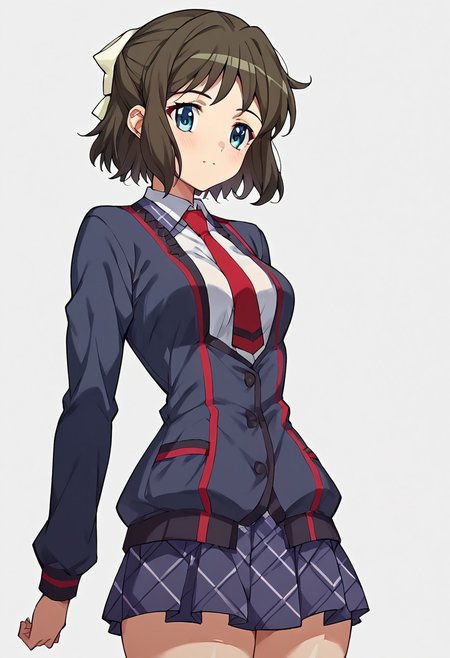score_9, score_8_up, score_7_up, score_6_up, score_5_up, score_4_up, masterpiece, anime_lineart anime coloring, solo, big thighs, thin waist, medium breasts, White background, Kohinata Miku (Season 01), Short hair, Blue eyes, short hair, , School clothes, jacket, short skirt