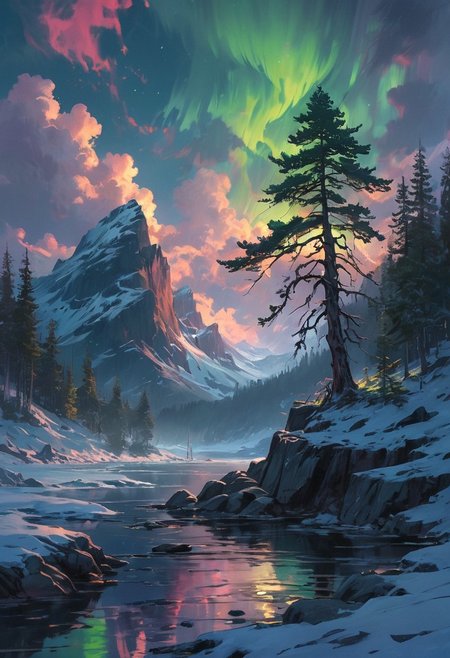Under the eerie glow of a full moon,a dark and ominous landscape unfolds. A vibrant, colorful pine stands by the edge of a serene lake,its vivid hues contrasting starkly with the foreboding atmosphere. In the background,a waterfall cascades down jagged rocks,the water glistening in the moonlight. Thick,swirling clouds loom overhead,adding to the sense of an evil presence. winter landscape, aurora borealis, northern lights, The moonlight filters through the clouds,casting an otherworldly glow over the scene. The air is thick with mysticism,as if the very night holds ancient secrets and dark magic.  [romantic impressionism,dream scenery art,beautiful oil matte painting,romantic,style of thomas kinkade,beautiful digital painting,anime landscape,romantic painting,dreamlike digital painting,colorful painting,beautiful gorgeous digital art,style of greg rutkowski,janek sedlar,jenny saville:0]