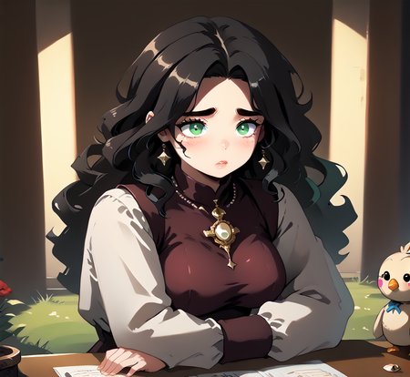 PonyScores7, source_anime, ah1, IllustriousQual, <lora:natsumi_style:0.5>, <lora:by_usakun-pony:0.4> by usakun, <lora:Akina_Bbw_Style_-_PonyXL:0.2> AkinBw
BREAK 1girl, mature female, (round face:1.2), (thick eyebrows:1.3), (curvy), round-chin, caucasian, (plump face), <lora:Round_face:0.2>, <lora:ETO_OCPonyXL:0.5> eto_oc, skindentation, (plump), thick thighs, wide hips, busty, voluptuous, lips, <lora:venus body PonyXL:0.4>, <lora:shinyskin2:0.2> glistening skin
BREAK  (curly hair), long hair, (black hair:1.4), (parted hair:1.7), messy hair, kinky curls, <lora:hairdetailpxl:0.2> hairdetailpxl
BREAK (brown and green eyes), (brown_flecked_irises), (green_flecked_irises), (colorful eyes), (multicolored eyes), (downturned eyes:1.4), <lora:expressive eyes:0.5> expressive eyes, <lora:eyedetailpxl:0.2> eyedetailpxl, <lora:Eyes_High_Definition:0.3> EyesHD
BREAK in denial, wide open eyes, closed mouth, o_o, blush, wide-eyed, surprised, sad,  <lora:Expressive_H:0.2> Expressiveh, <lora:Emotional_Anime_Expressions_PonyXL_Concept:0.2> emotional, <lora:Best_Facial_Expression_LoRA_PONY:0.2>, <lora:expresionesv3Rank128:0.2> expresiones, <lora:Detailed expressive EXEV style -XL Pony V1.0:0.2> FaceDetail 
BREAK ((Sitting with legs folded under, hands on the knees))
BREAK android green a sleek bodysuit featuring a dramatic cutout back, made from a stretchy, moisture-wicking fabric that highlights muscle tone, paired with classic ballet slippers
BREAK (((a luxurious check-in desk, featuring plush seating, elegant lighting, chic decor, and sophisticated counters)))
BREAK <lora:xl_more_art-full_v1:0.2>, <lora:aesthetic_anime_v1s:0.2>, <lora:EpicF4nta5yXL:0.2>, <lora:detailxl:0.2> detailxl, <lora:Fant5yP0ny:0.2>, best quality, amazing quality, best aesthetic, absurdres, illustration, Volumetric_Lighting, ultra-detailed, very aesthetic, intricate details, 8k, masterpiece, best_quality
BREAK (zoom_out:1.8), (sci-Fi Inspired fashion style, draws inspiration from science fiction movies, and futurism, features futuristic silhouettes,  and avant-garde designs, promotes imagination and innovation in fashion, explores concepts of technology)
BREAK Stable_Yogis_PDXL_Positives, AS-Adult, <lora:Complicated fantasy portrait - XL Pony V2.0:0.3>, bad-hands-5, <lora:HDA_Detailer:0.5>, HDA_FatGirlXL,