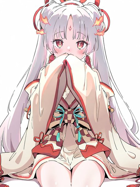 1girl,buzhihuo,,smile,solo,white background,simple background,cowboy shot,covering_mouth,sleeves past fingers,sitting,<lora:buzhihuo-000012:1>, masterpiece, best quality, very aesthetic, absurdres,newest, incredibly absurdres,, ,(Ixy:0.6)),(hiten \(hitenkei\):0.7),