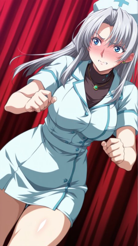 source_anime, general, best quality, masterpiece, 1girl,  <lora:Calvina_ill:1> calvina\(srw\),silver hair,long hair,blue eyes,thighs, jewelry,  thick thighs, necklace, nurse,dynamic pose, dutch angle, flustered, (embarrassed:0.9),