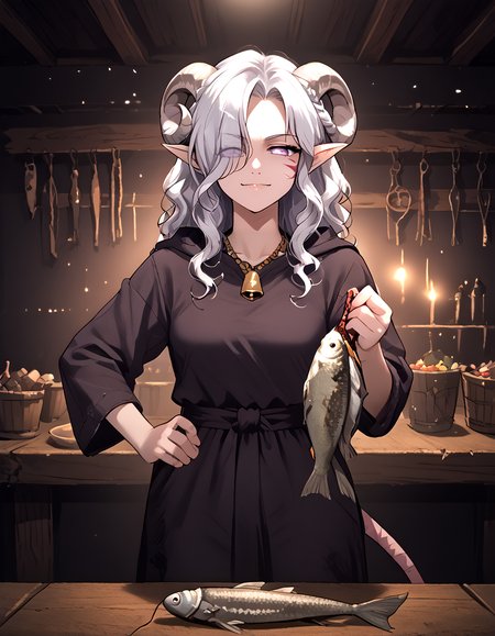 tiefling, tail,pointy ears, tiefling, silver hair, ivory sheep horn, solo, market,   dirty clothes,  detailed,
<lora:whisker_markings:0.8>red whisker_markings:1.7, silver long wavy hair, bell necklace, short pointy ears, purple eyes, <lora:age_slider_v4:1> purple pupils,rat tail, shirt,  purple eyes, <lora:Tiefling_bard_Diana_PDXL:0.7>   tiefling_bard_diana:1.2,    <lora:Erin Danua prefectPonyxl:0.3> white hair,  parted bangs, hair over one eye, braid,  standing, jacket ,  on table,  looking at viwer, naughty face, 
from side , fish, fishstock ,<lora:CartoonyPikachu (Pony):1> 2d, cartoonypop style, simple details,
score_7_up,source_furry, source_anime,
Fish_Stringer:1.4 <lora:fishStock_PDXL:1>,  holding fish stringer, holding rope, <lora:dark_v1.9-pony:1> dark theme, dim lighting, black theme, dark background, dark room, black background, silhouette, backlighting