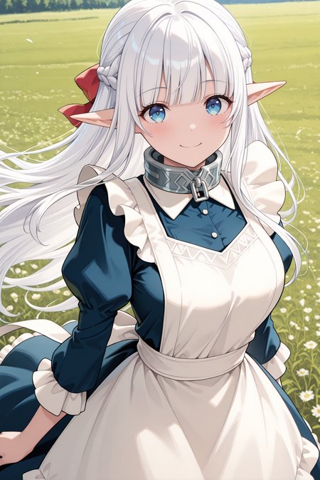 masterpiece, best quality, very aesthetic, absurdres, ultra-detailed, highly detailed, cowboy shot, shiny skin,  dynamic pose, 
meadow,  wind, outdoors, smile, looking at viewer, standing, outdoors,
<lora:Nephelia-08:1> nephelia, 1girl, long hair, white hair, braid, pointy ears, french braid, elf, blue eyes, ribbon, apron, sidelocks, dress, bow, hair ribbon, maid, hair bow, frills, blunt bangs, blue dress, white apron, collar, red bow, metal collar,
 <lora:illustrious_noobai_epsilon_pred_11_very_aesthetic_v1_1029791:1> 
 (lazypos:0.7)