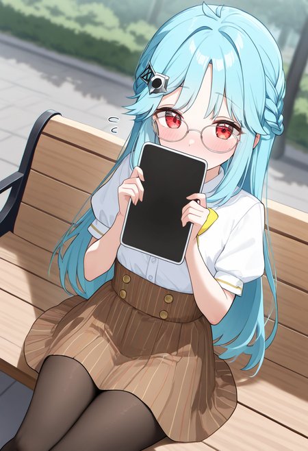 1girl,solo,<lora:HBSkokonail:0.7>,shinonome_kokona,long hair,blue hair,red eyes,hair ornament,glasses,braid,shirt,short sleeves,yellow bow,brown skirt,striped skirt,pantyhose,looking_at_viewer,dynamic_angle,smile,park,bench,sitting,embarrass,blush,tablet_pc,holding_tablet_pc,flying_sweatdrops,covering_face,covering_mouth,incredibly absurdres,masterpiece,best quality,good quality,newest,