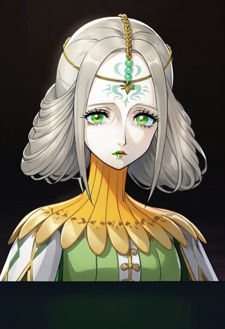 source_anime, 1girl, white skin, grey hair, forehead tattoo, green eyes, green lips, hair decoration, head chain, wrinckles, high yellow collar, medieval dress, white and green dress,<lora:Joanna_-_Metaphor_ReFantazio_-_Pony:1>