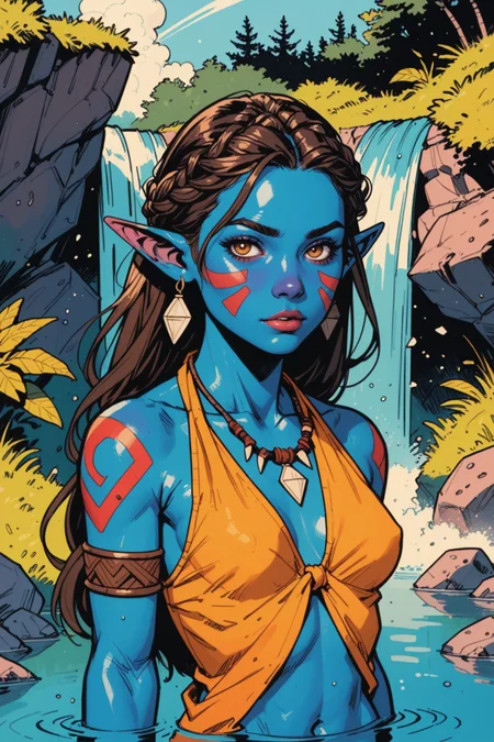 1girl, breasts, solo, colored skin, tribal, blue skin, pointy ears, looking at viewer, long hair, navel, necklace, brown hair, small breasts, outdoors, jewelry, armlet, bodypaint, parted lips, waterfall, ribs, upper body, water, collarbone, tattoo, nature, braid, facial mark, medium breasts, stomach, <lora:Expressive_H:0.5>, score_9, score_8_up, score_8_up, a_Comic_Illustration, rough lines with ink, (drawn:1.1), (sketch:1.5), (crosshatching:1.25), (comic style:1.1), graphic novel style, sharp lines, hires, zstyle, (western comics \(style\):1.1), (hatching \(texture\):1.2), zPDXL, Mr_Monster_Possitive