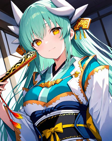 KiyohimeFateGrandOrder,
KiyohimeBR2ndAscension,
1girl, solo, dutch angle, upper body,
long hair, straight hair, green hair,
yellow eyes,
horns, hair ornament,
light smile,
holding fan, folded fan fan,
white kimono, tassel, detached sleeves, gold trim,
green kimono, long sleeves, large breasts, obi,
room,
<lora:kp_KiyohimeFateGrandOrderAnimagineXL_v1_0:1.0>,
BREAK
masterpiece, best quality, absurdres, 
ultra-detailed, moody lighting,
depth of field,