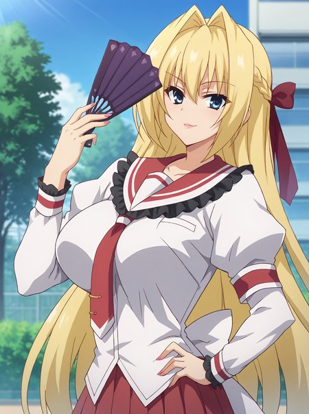 score_9,score_7_up, BREAK source_anime,1girl,solo, looking at viewer,Urara_T,lip,very long hair ,blonde hair, make up,blue eyes, school uniform,frills , white shirt, long puffy sleeves,red necktie,red skirt,red hair ribbon,  white waist ribbon,arm band,large breasts ,holding hand fan ,hand on hip<lora:Urara_T_v1:0.8>