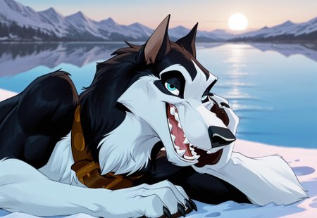 uncensored, masterpiece, best quality, highly detailed, realistic, 1boy, solo, SteeleBT, furry, feral, canine, dog, husky, blue eyes, back pupils, black nose, black body, black fur, white body, white fur, two tone body, two tone fur, brown dog collar, close-up, smile, open mouth, looking at viewer, snow, lake, outdoor, mountains, detailed background, sharp teeth, canine teeth, narrowed eyes, lying, on side, arm support, hand on own cheek, 4 fingers (paws, black claws), upper body, side view, lying on side