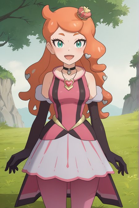 score_9, score_8_up, score_7_up, score_6_up, score_5_up, score_4_up, BREAK source_anime, 1girl, solo,
<lora:SoniaXL-v2-06:0.8>, ChopioSonia, long hair, orange hair, heart hair ornament, aqua eyes, eyelashes, looking at viewer, 
hair down, mini crown,
medium breasts, wide hips,
outfit_3, pendant choker, pink dress, bare shoulders, black elbow gloves, white skirt, overskirt, pink pantyhose,
outdoors, nature, grass, standing, smile, open mouth,