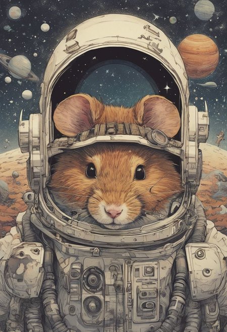 Hamster in astronaut gear, floating in a tiny cardboard spaceship, stars and planets drawn on the wall 
(masterpiece, award winning artwork)
many details, extreme detailed, full of details,
Wide range of colors, high Dynamic
 <lora:xl_more_art-full_v1:0.65> 
 <lora:InkArtXL_1.2:0.8> ink art, line art 
<lora:EldritchMixIllustration_1.0:0.25>
 <lora:xray:0.21>