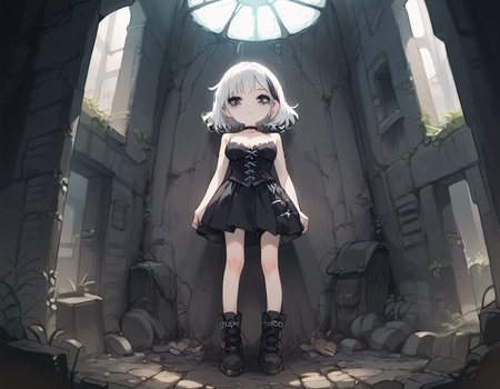 (score_9,score_8_up,score_7_up:1), 1girl, full body, perspective view, horror, neon body light, low ambient light, bored, (goth, (black lipstick, black mascara, black eyeshadow)), (skinny), white hair pink highlights, short hair, choker, eyeshadow)) (etherial scarred skin), large breasts, teardrop shape breast, hanging breast, (bound and dejected), dusty crypt, (<lora:zavy-cntrst-sdxl:1> chiaroscuro, low-key, horror), (<lora:goth_clothes:1> lace-up cords, corset, black combat boots), <lora:The_Coffin_of_Andy_and_Leyley_Game_Artstyle_PonyXL:1>, <lora:add-detail-xl:1>