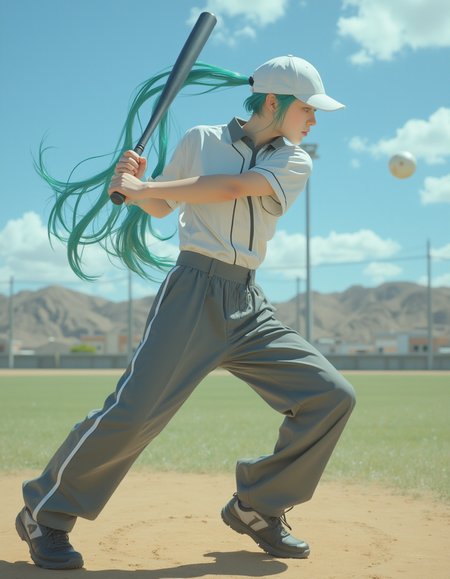 Semi-Realistic

Editorial fashion photo full body Hatsune Miku swinging baseball bat. capture motion.