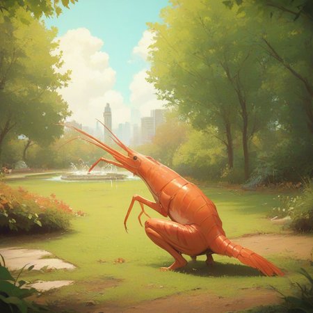 score_9, score_8_up, score_7_up, shrimp, park, feral, squat, squatting, squatsquat, green trees, sun, blue sky, grass, fountain, cityscape