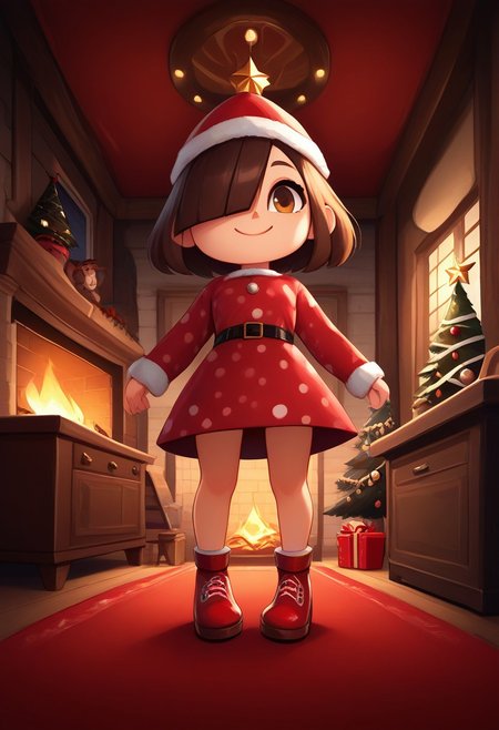 score_9, score_8_up, score_7_up, 1girl, solo, solo focus, acArtstyle, chibi, 1girl, smile,
short hair, brown hair, bangs, hair covering one eye, brown eyes,  hat, santa dress, polka dot dress, black belt, red shoes, shoes, Christmas 
chrlib, scenery, indoors, living room, night, oven, christmas tree, christmas ornaments, red carpet
