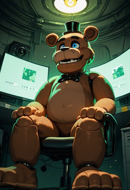 masterpiece, best quality, amazing quality, very aesthetic, absurdres, newest, detailed background,
freddyit, 1boy, black mini top hat, black bowtie, bear ears, joints, teeth, blue eyes, animatronic,
smile, security office, cctv, camera screens, night guard, from below, sitting on chair, office chair, multiple monitors, camera monitors, tv screens, green atmosphere, dusty place, 
BREAK dark storage room with stacked boxes and animatronic limbs, single overhead bulb casting shadows, dusty air particles, old shelving units, metal walls, horror suspense atmosphere, no posters, industrial detail, SDXL 4k render
