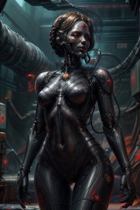 cyberpunk cityscape,biomechanical cyberpunk,SCI-FI,
cowboy shot,thigh gap,
femenine cyborg,helmet with antenna,mask,armor,robot joints,
(wires,cables,electricity,discharge,monitors:1.2),
high technical room background,
<lora:Concept_-_Hella-sthetic_v2:0.7>,
(USSR,red star \(symbol\):1.5),
<lora:H.R.GigerWorld:0.25>,gigerworld,art by hrgiger,
<lora:Concept_-_Giger-ish_Biomechanicals_v2:0.25>,hnsrdlf style,
<lora:Concept_-_More_Details_v1.0:1>,
intricate,elegant,highly detailed,symmetry,magical atmosphere,sharp focus,majestic,very coherent,radiant,advanced,cinematic,artistic,fine detail,winning,beautiful,stunning,dramatic light,designed,rich deep colors,perfect professional background,ambient,tailored set composition,
human-machine fusion,organic meets artificial,futuristic,technological,cybernetic enhancements,robotics,neon lights,dark,
<lora:Concept_-_PicXer_bSide:1>,<lora:AHTwins:0.7>, AHTwins,1girl,robot,no face,blonde hair,braid,star (symbol),
