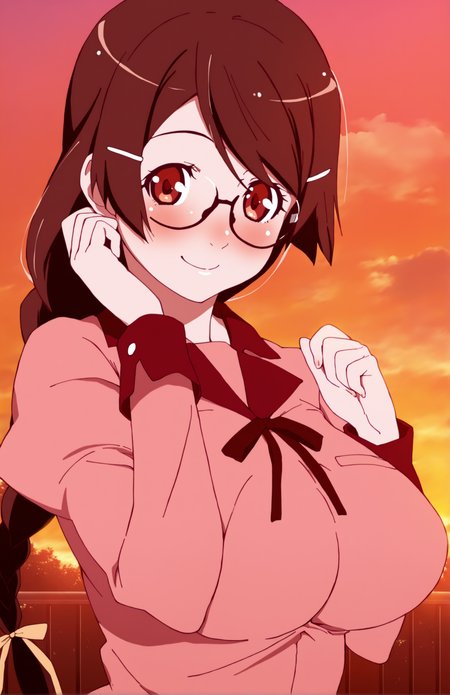 Kizustyle, 1girl, solo, long_hair, looking_at_viewer, blush, smile, (brown_hair), ribbon, brown_eyes, big breast, school_uniform, braid, sky, glasses, cloud, pink_shirt, evening

