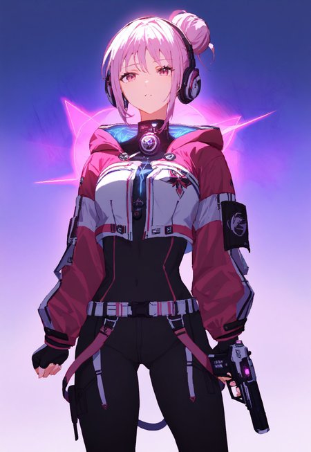 masterpiece, high score, great score, absurdres, V4NGU4RD, weapon, 1girl, gun, solo, holding gun, holding, holding weapon, headphones, hair bun, black bodysuit, gloves, bodysuit, handgun, single hair bun, hair ornament, cyberpunk, hooded jacket, belt, hood down, Vanguard Breeches of Scouting, vanguard bolero, pink theme, Neon, glowing