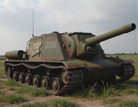 painting of battle field,  This is the Soviet self-propelled gun, ISU152. military vehicle without a turret.no humans,from side. very dusty and sooty,caterpillar tracks,,,, <lora:isu152:0.9>,isu152,.low angle,  <lora:boFLUX digital-abyss:1> bo-abyss