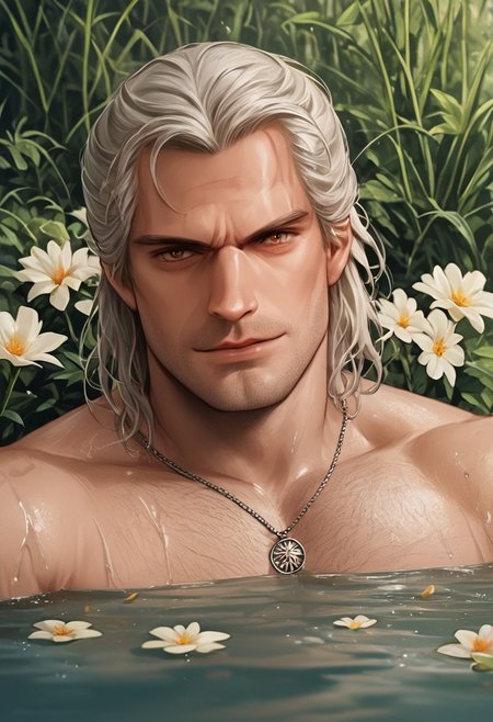 score_9, score_8_up, score_7_up, score_6_up, score_5_up, score_4_up,  source_anime, 1man, solo, hud_sp_bth,  flower, petals, water, bath, plant, dskGeralt, detailed face, handsome face, straight nose,
