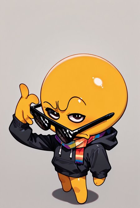 <lora:xmattar-10:1> xmattar, , rainbow scarf, , solo,, pixel sunglasses, 1boy,black hoodie, yellow skin, circular head,,yellow legs, no pants, short legs,       <lora:sus-guy-il:1.1> mikus-concept, sunglasses, standing, confident pose, raised eyebrow, chibi, masterpiece, best quality, amazing quality, very aesthetic, absurdres, newest,
