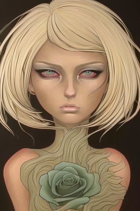(Award Winning Painting:1.3) of (Ultra detailed:1.3),(Angry:1.3) a woman (blonde hair, green eye), black rose background <lora:audrey_kawasaki:0.8>