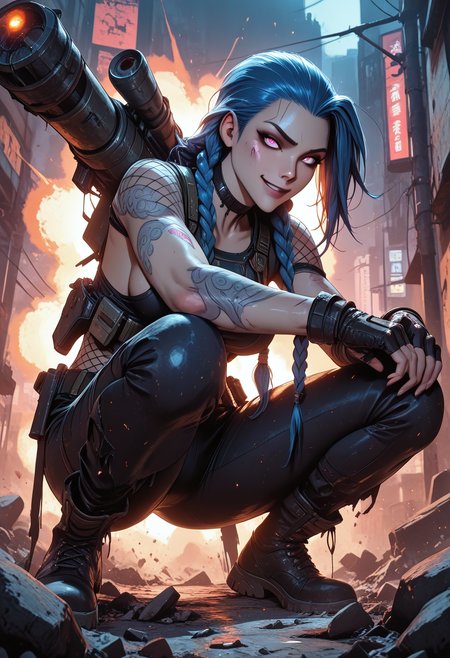 highres, very detailed, amazing quality, masterpiece, very aesthetic, particle effect, 1girl, jinx, jinx from league of legends, league of legends, beautiful eyes, looking at viewer, tough girl, slight muscle tone, tan skin, strong face, solo, toned arms, Covered in Tattoos, tattoo, neck tattoos, tight pants, ripped pants, holes ripped in pants, blue braided hair, large breasts, fishnets, torso fishnets, side boob, choker, fingerless gloves, rocket launcher, holding rocket launcher on shoulder, pistols, holding pistols, holsters, squatting down, arms on knees, ruined city, rubble, run down, looking at viewer, ((Front View)), tough pose, seducing, seductive, flirty, tender, loving, playful, cocky smirk, cocky, in a city, destroyed city, at night, nighttime, explosions in background, Sillouheted against background explosions, 

From below, view from below, 
