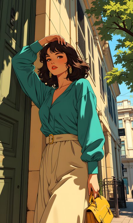 A stylish and elegant scene featuring a woman posing on a street. The camera is positioned at a low angle, looking up at the subject, which creates a sense of height and perspective. The angle also emphasizes the expanse of the street and the surrounding environment.
The lighting in the image is bright and natural, likely from sunlight coming through the trees. The light type appears to be natural daylight, which creates a warm and inviting atmosphere. The light direction is from above, casting shadows that highlight the contours of her face and the texture of her clothing.
The woman is leaning against a wall, with one hand resting on her head and the other holding a yellow bag. Her expression is confident and poised, adding to the overall sense of style and elegance. She is wearing a turquoise blouse paired with a beige skirt, which adds a pop of color to the scene. Her hair is styled loosely around her shoulders, adding a touch of softness to the overall look.
The background features a building with shutters and a tree, suggesting an urban or suburban setting. The colors and textures in the background complement the subject's outfit, creating a harmonious and visually appealing composition.
The overall mood of the image is one of confidence and fashion-forwardness, capturing a moment of everyday style in a beautiful outdoor setting. The combination of the woman's pose, the bright lighting, and the classic architecture creates a visually stunning and memorable photograph.
BREAK anime, d13s3lp2nk, bboil artist style, OBdonman, Anime art, <lora:FLUX\Anime Art V3:0.4>, <lora:FLUX\Synesthesia:0.2>, <lora:FLUX\RetroAnimeS1.1:0.4>, <lora:FLUX\Flux-jijia:0.1>, <lora:FLUX\It's a LoRA for portraits, BUT! actually specialized in backgrounds. v1.0:0.1>, <lora:FLUX\GLSHS:0.2>, <lora:FLUX\Dieselpunk Delight - s0_9 g4:0.2>, <lora:FLUX\OBdonman, anime0style portrait:0.1>