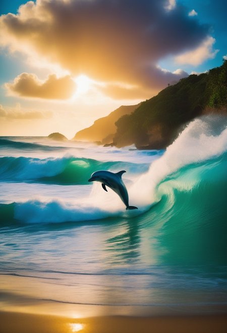 RAW Photography,palm beach, (sharpness in detail:1.1), Canon EOS 5D Mark IV, masterpiece, 35mm photograph, (iconic photograph:1.4), (visual storytelling:1.2), film grain, award winning photography of anomalous wave, very high, comes from the sea producing a very high wave, on a tropical beach, dolphin jump on wave
