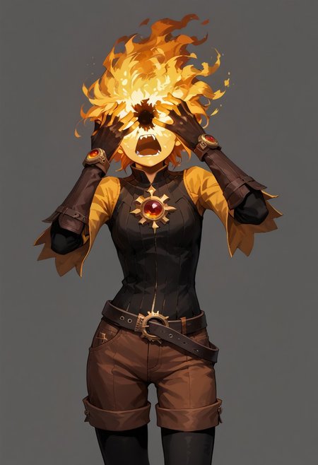score_9, score_8_up, score_7_up,
lord_of_frenzy, fire head,
novakin, faceless, no eyes, no mouth, no nose, no facial features, short fiery yellow orange hair, body made of black plasma,
open hands, hands on face front,
hands on own head, 
shaft look, looking back, from behind, head tilt,
magical girl outfit, steampunk dress, boots, (brown shorts:1.1), black tights, medium breasts, belt,
simple background, grey background,