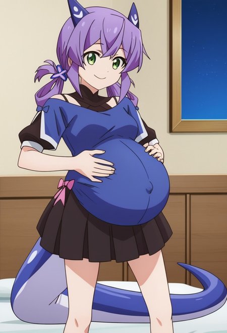 best quality, masterpiece, 4k, perfect lighting, very aesthetic, anime, anime coloring, official art, anime screencap, bedroom, (large pregnant belly:1.3), happy, smile, (hands on belly:1.5),
flatorte, purple_hair, hair_ornament, green_eyes, horns, long_hair, short_sleeves, (blue shirt:1.5), twintails, skirt, tail
(pregnancy clothes:1.5), (covered belly:1.5)
standing, (full body:1.5)