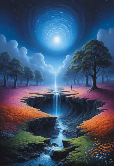 DB4RZ style painting dark art by Patrick McHale and Stephen Darbishire, Surreal cosmic scene, giant teardrop shaped planetary structure split open revealing colorful galaxy inside, small human figure for scale, barren alien landscape background, cosmic clouds in space above, vibrant colors transitioning from cool blues to warm oranges and pinks, highly detailed stellar formations, Streams of pure cobalt blue electron flow perfect one-dimensional channels of quantum conductivity, Perforated corten steel, polished micro-topping, and reclaimed chestnut,, Over the Garden Wall, dark fantasy, atmospheric storytelling, British landscape painting, Lake District scenes, atmospheric and moody landscapes
 (8k uhd:1,4)
 <lora:add-detail-xl:1>
 <lora:Dynamic Poses:1>