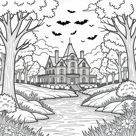 A simple monochrome line drawing for a coloring book.

An old mansion, trees, river. bats flying.

<lora:LineDrawing03_CE_XL_300-OT:0.6> lndrwngCE_style